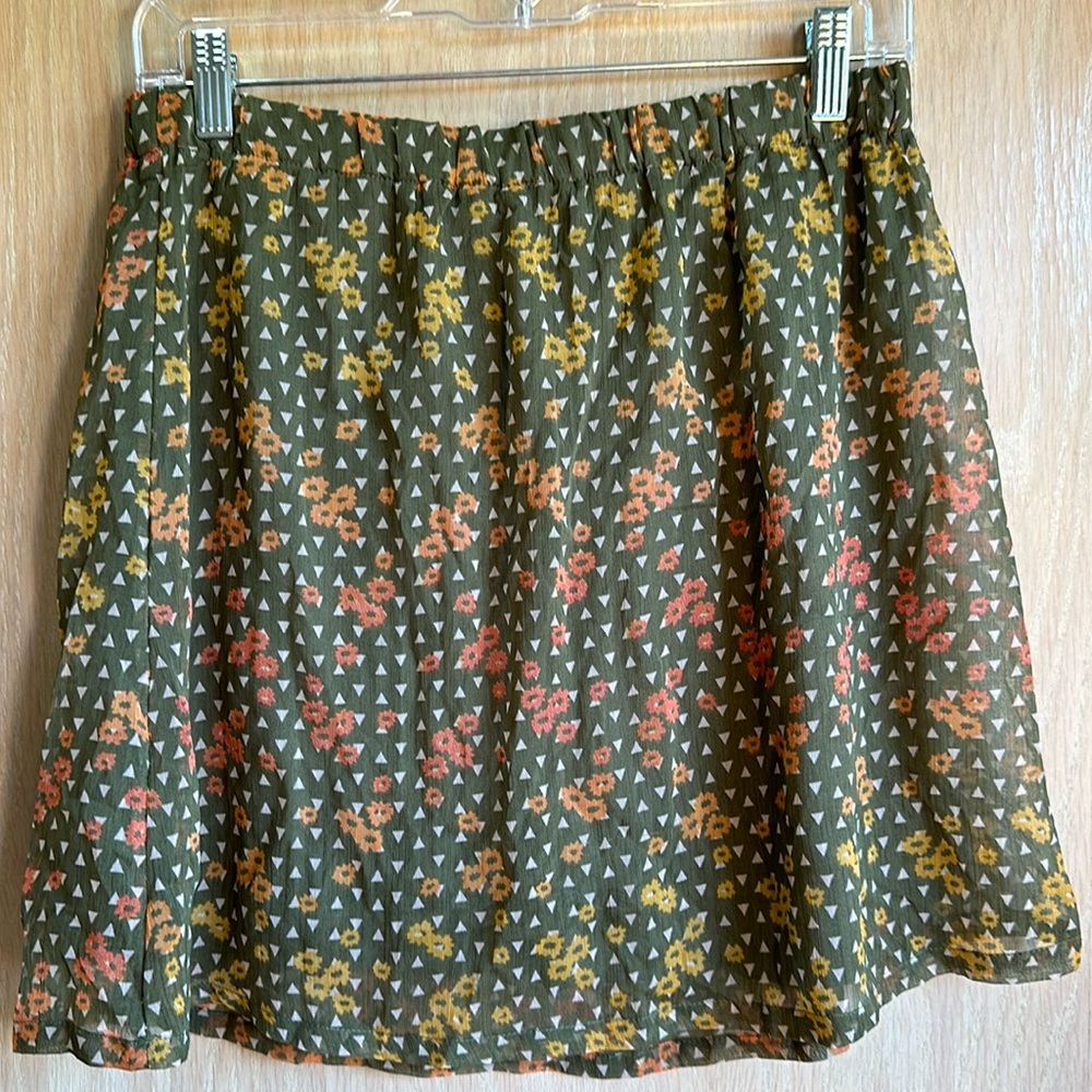 Mossimo Sheer Patterned Green Orange Yellow White Lined Skirt M Elastic Waist